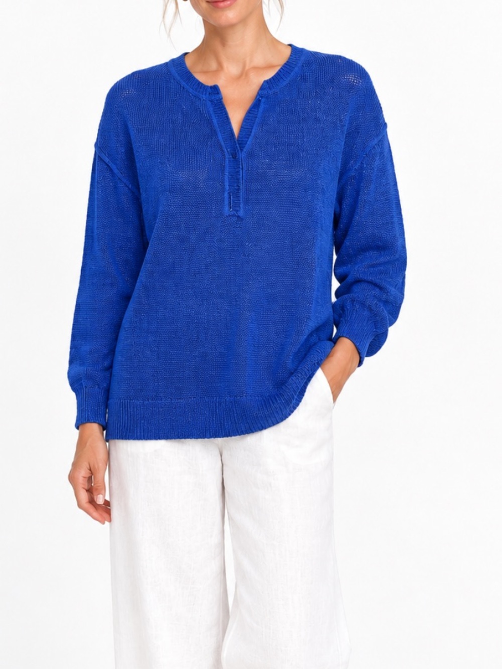 J. Crew 100% linen blue slit neck beach sweater relaxed fit size XS